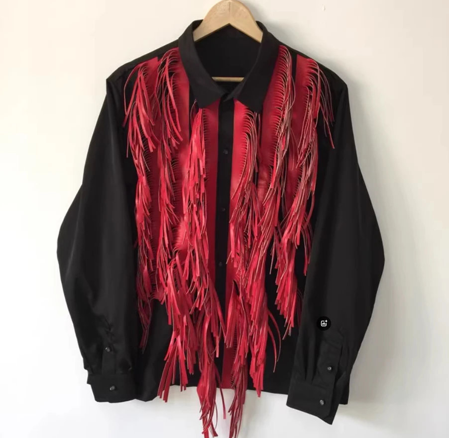 

Red and black color contrast tassel trendy and personalized original shirt, high-quality custom-made performance costume coat