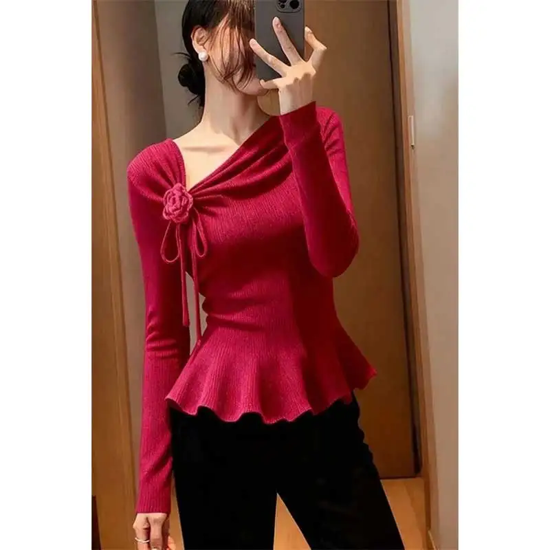 

Women Clothing Autumn Winter Fashion Korean Solid Color Diagonal Collar Knitting Pullovers Female Temperament Appear Thin Sweate