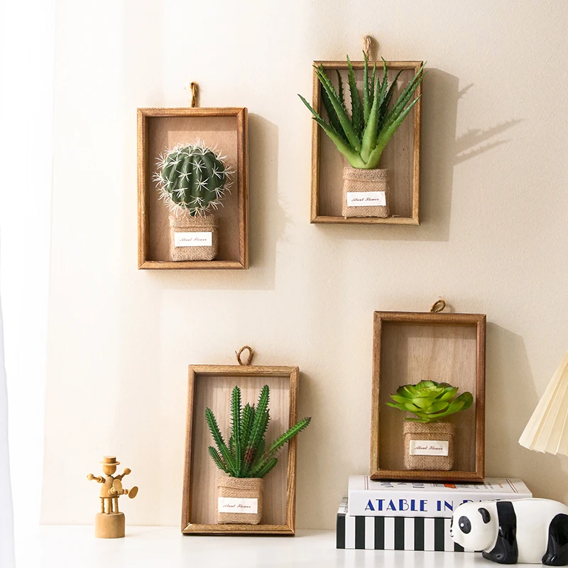 

Creative 3D Succulent Wall Hanging Flowers Artificial een Plant Wall Decorations Rectangular Wooden Material Home Decor