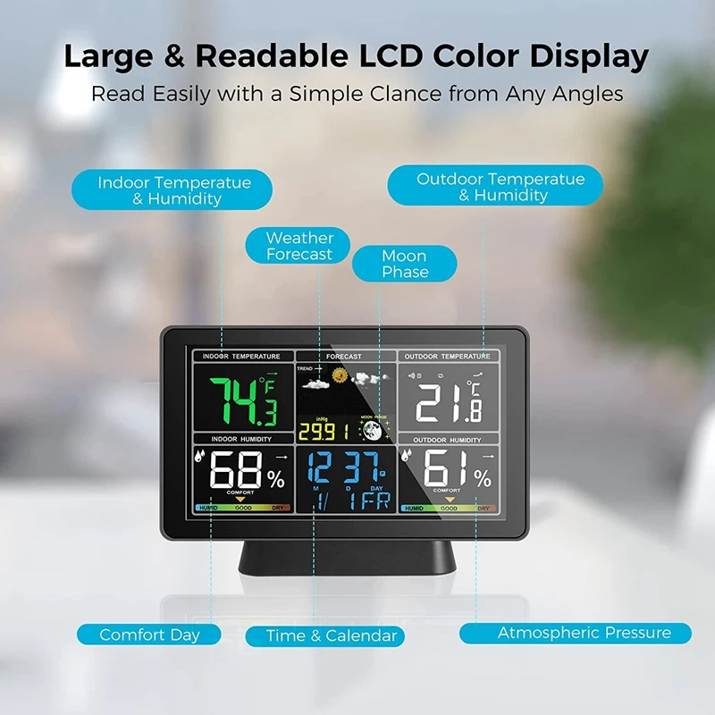 LCD Weather Station Wireless Digital Thermometer Electric Indoor/Outdoor Thermometer Hygrometer US Plug Durable