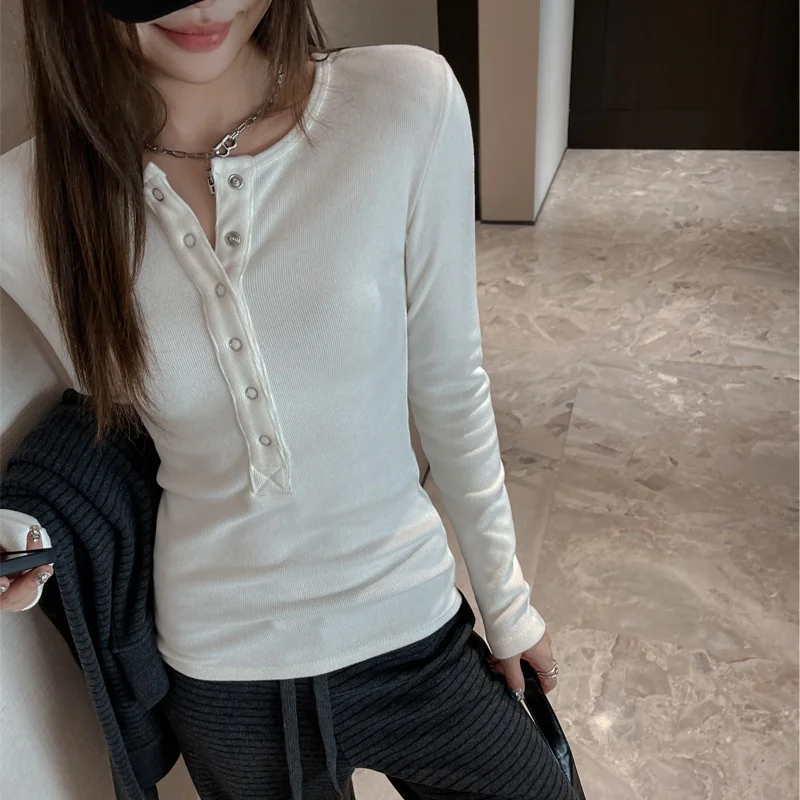 Henry Collar Long-Sleeve T-Shirt Women's Lightweight Early Autumn Flannel Button-Down Slim-Fit Slimming Versatile Layer