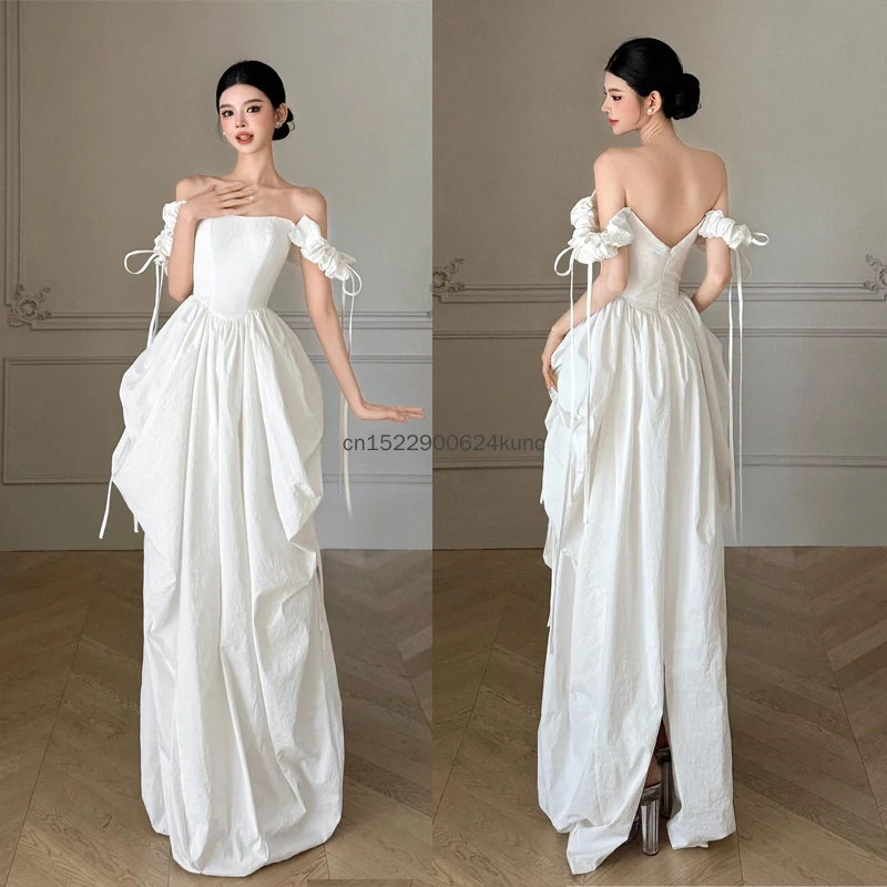 Simple French Lightweight Wedding Dresses for Women White Sleeveless One Shoulder Long Bridal Gown Female Luxury Party Vestidos