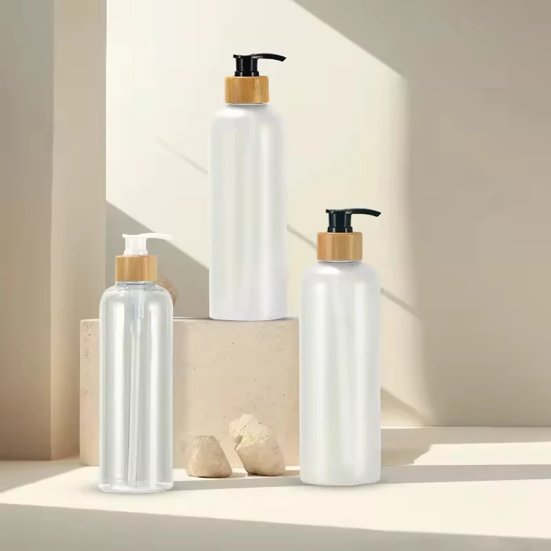 

Empty PET Round Plastic Bottles Refill Hand Sanitizer Bamboo Pump Dispenser Emulsion Skincare Travel Shampoo Liquid Containers