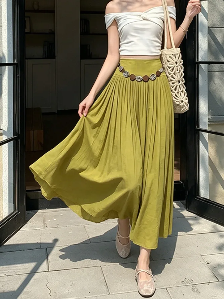 

Summer New Green Linen Women's Skirt Textured Half-length Drifting Gauze Waist-cinching Long Skirt Casual Style A-line Skirt