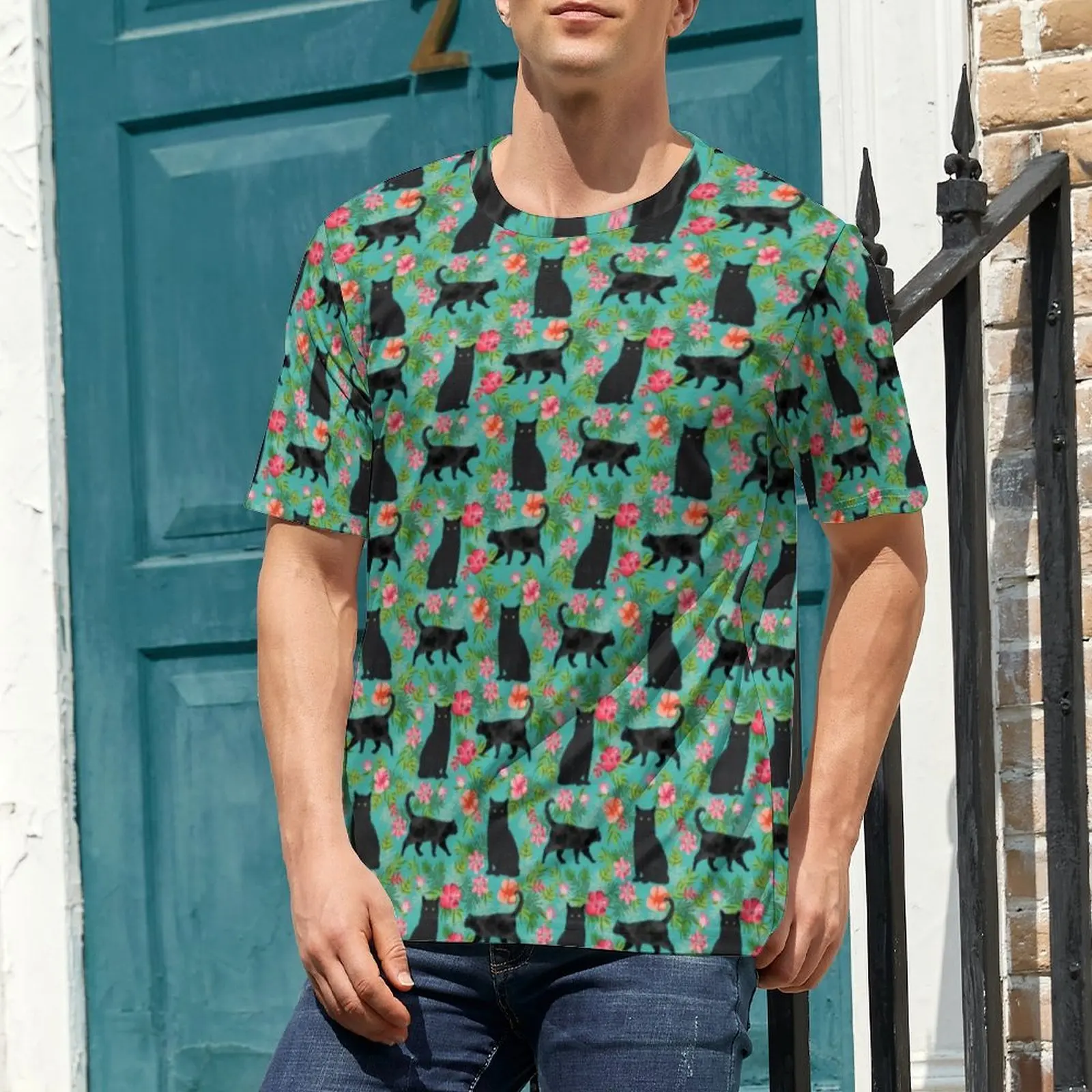 Mens Black Cat T-Shirt Hawaiian Print Harajuku T-Shirts Short-Sleeved Printed Tops Dropshipping Summer Funny Oversized Clothing
