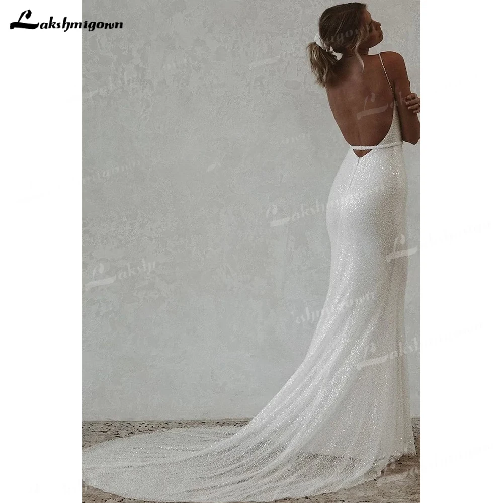 Cintas finas lantejoulas vestidos de casamento aberto para trás vestido de casamento personalizado para a noiva sereia branco tule grânulo sem mangas chão-comprimento