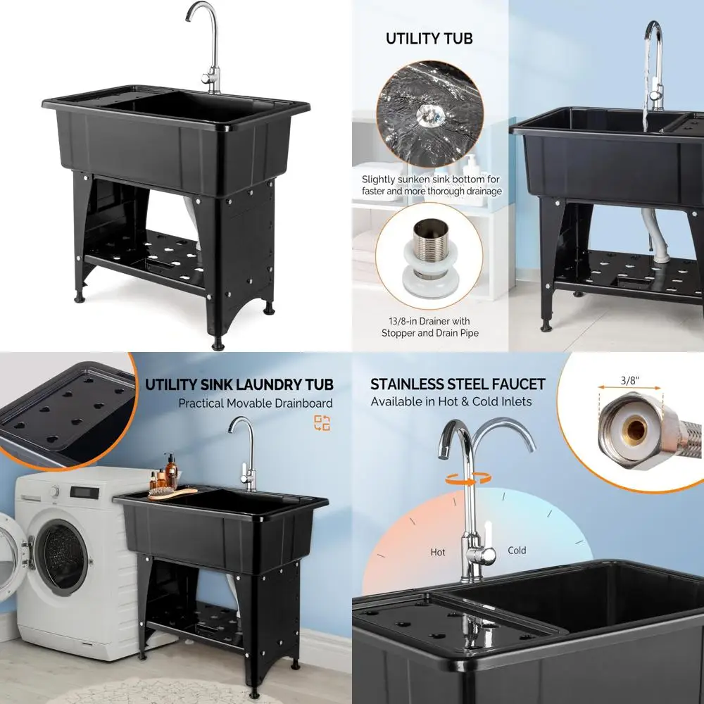 

Freestanding 20-Gallon Laundry Utility Sink with Stainless Steel Faucet for Washing Room, Black, 32.3 Wide, Durable and Function