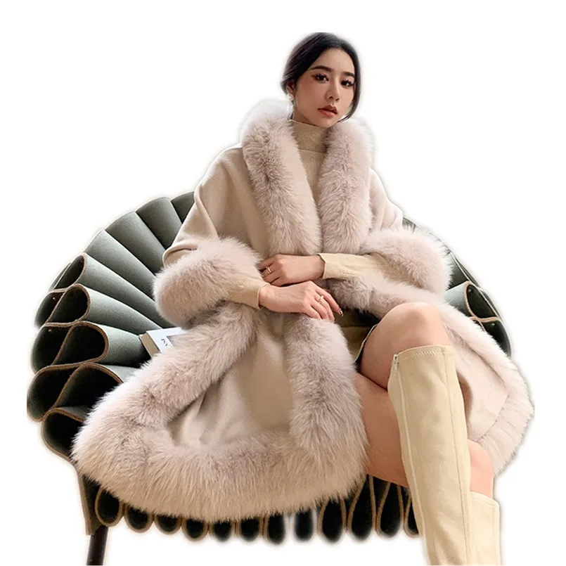 الفاخرة النساء الخريف الدافئة 100% شال صوف مع حقيقية الثعلب الفراء تقليم الشتاء طويل الباشمينا سميكة المعطف يلتف Fashoin الرأس #1
