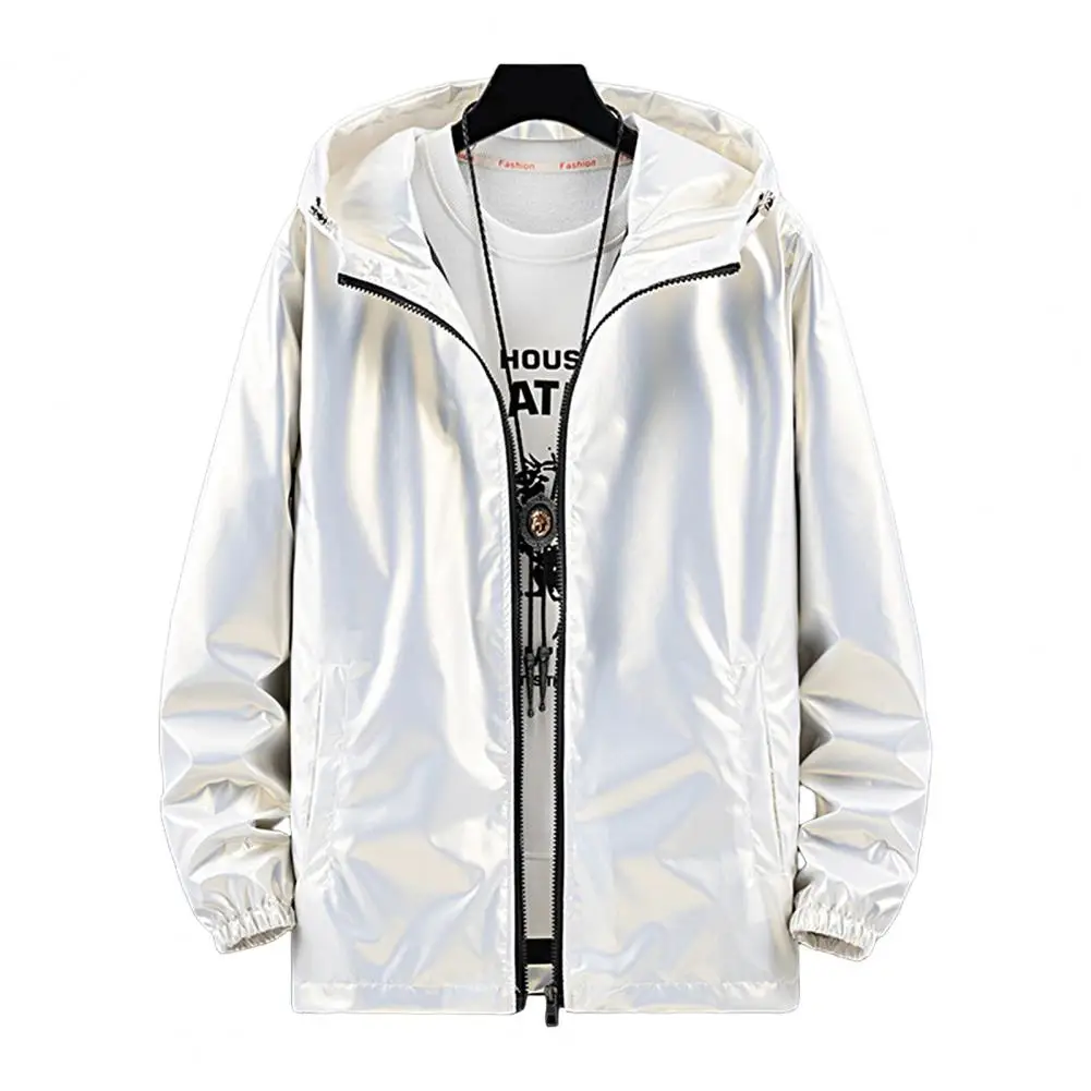 อินเทรนด์ผู้ชายฤดูใบไม้ผลิฤดูใบไม้ร่วง Elastic Cuff Glossy กันน้ำ Windbreaker Zipper Hooded Coat Bright เสื้อกันหนาว Cardigan Outerwear