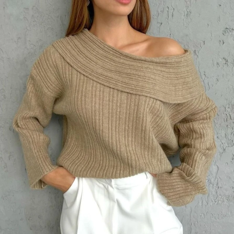 

Fall/Winter 2025 One-word Shoulder Long Sleeve Temperament Knitted Loose Horn Sleeves Solid Color Sweater Woman