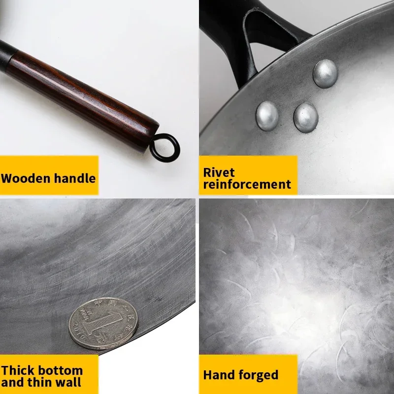 Non-coating Iron Wok Chinese Traditional Handmade Wok For Kitchen Pan Wooden Handle For Gas Cookware 1 to 2 People