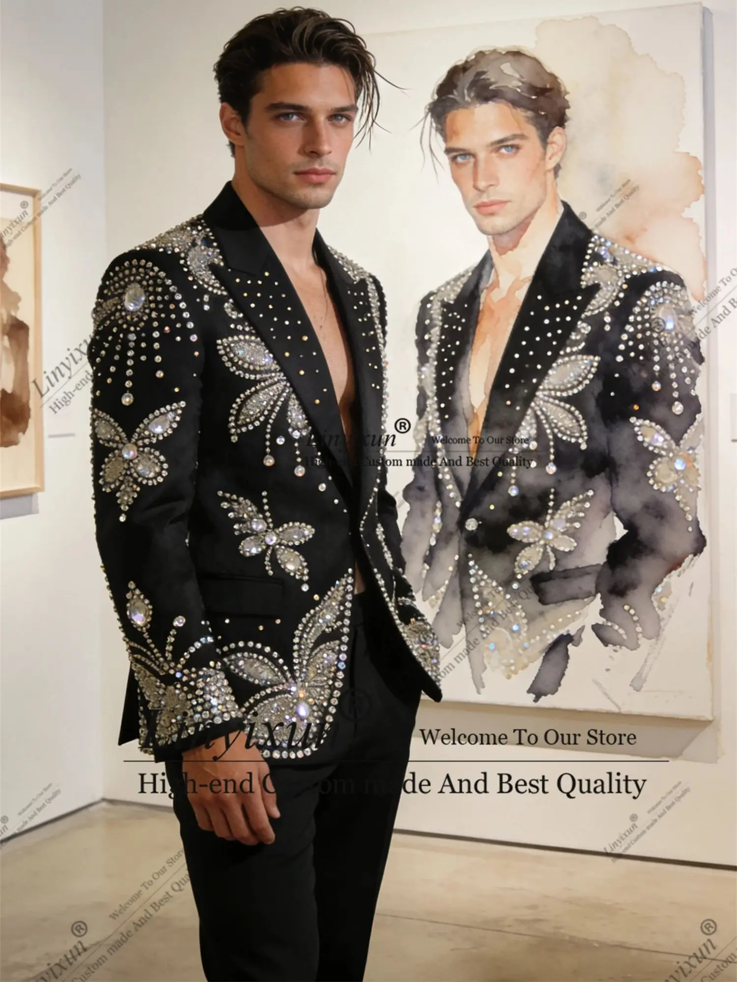 

Уникальный дизайн, мужские костюмы со стразами и драгоценными камнями, индивидуальные остроконечные лацканы, Ropa Hombre, цельный смокинг для жениха, свадебный мужской пиджак для выпускного вечера