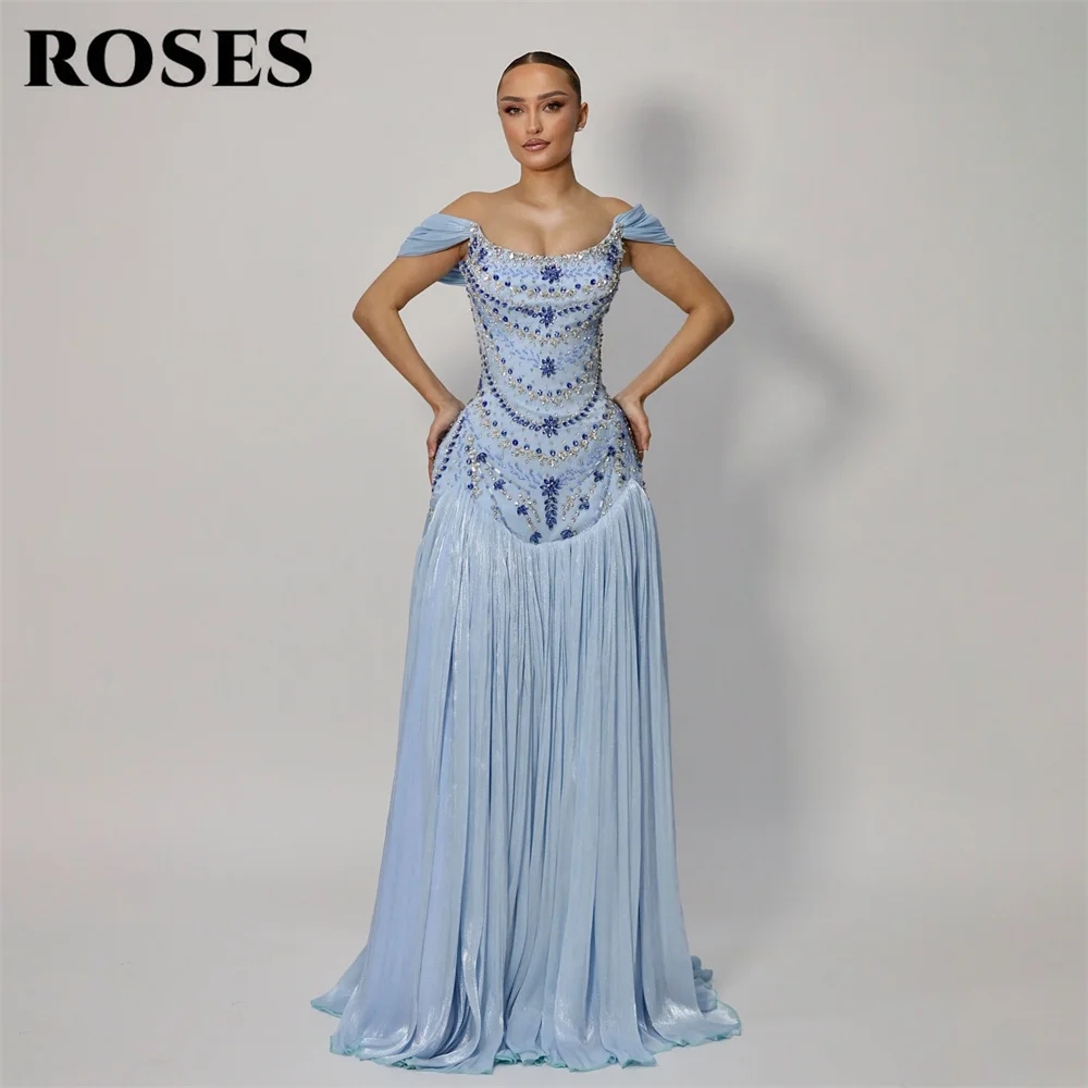 ROSES Sky Blue Party Dress with Beaded Embellishments Evening Dress Off the Shoulder Formal Gown Ruched Prom Gown Customized