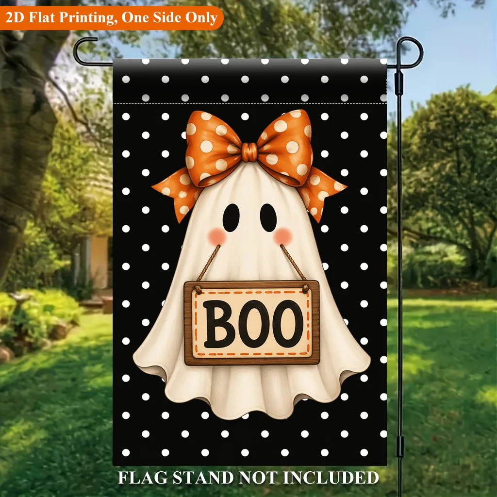 2D Flat Garden Flag 1 Piece, Ghost Image with Orange Bow Holiday Yard Outdoor Flag, Suitable for Outdoor Home and Yard Holiday Decoration, Valentine's Day, Mother's Day, Halloween, Flagpole Not Included (Flag Only)