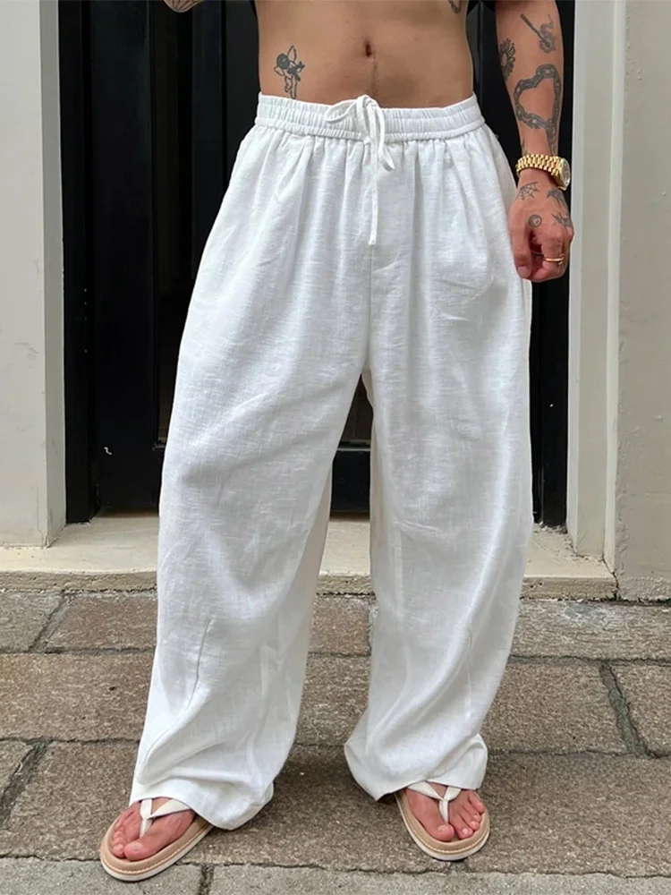 

White Linen Mix Casual Pants Men's Summer Thin Loose Drapey Breathable Casual Long Trousers Straight Leg Cotton Faionable Y...