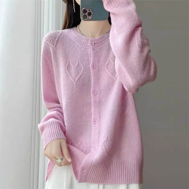 Thick Grid Love Pattern Jacquard Autumn Winter New Single Breasted Round Neck Warm Women's Cardigan Casual Joker Loose Lazy Tops