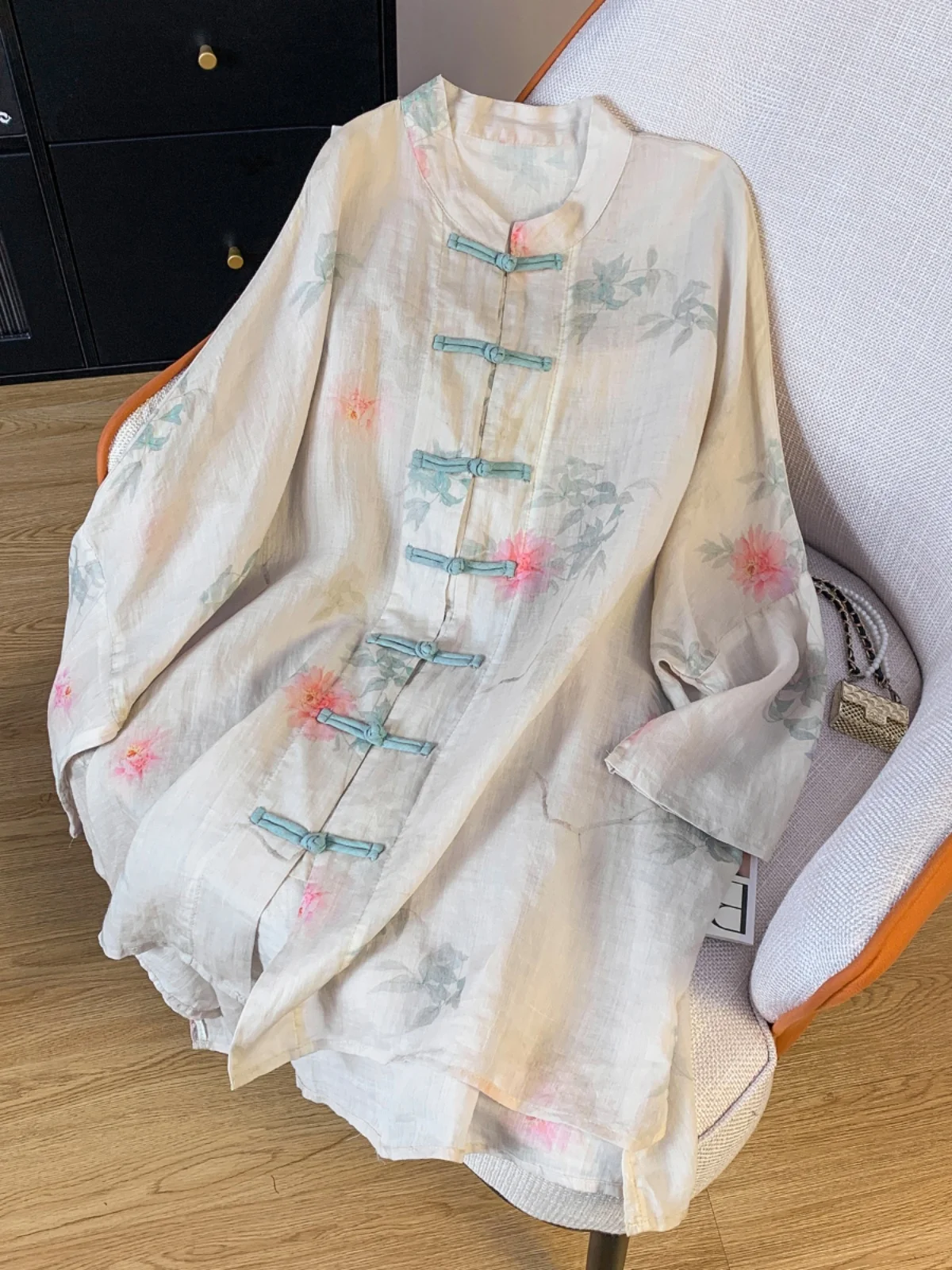 

Ele Anti-Aging Floral Print Women's irt Jaet Spring High-End Feeling Buttoned Mid-Length Hemp Material Sunscreen irt