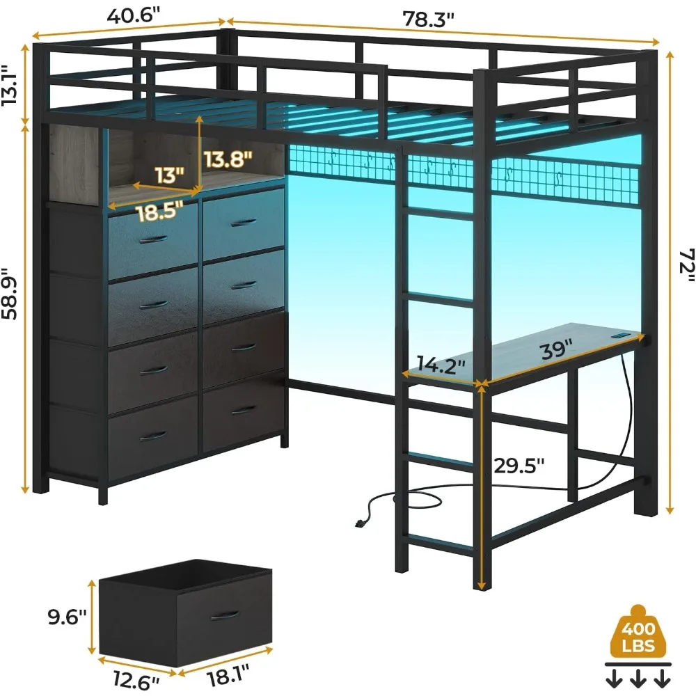 Twin Size Loft Bed with Desk 8 Storage Drawers LED Lights Grey
