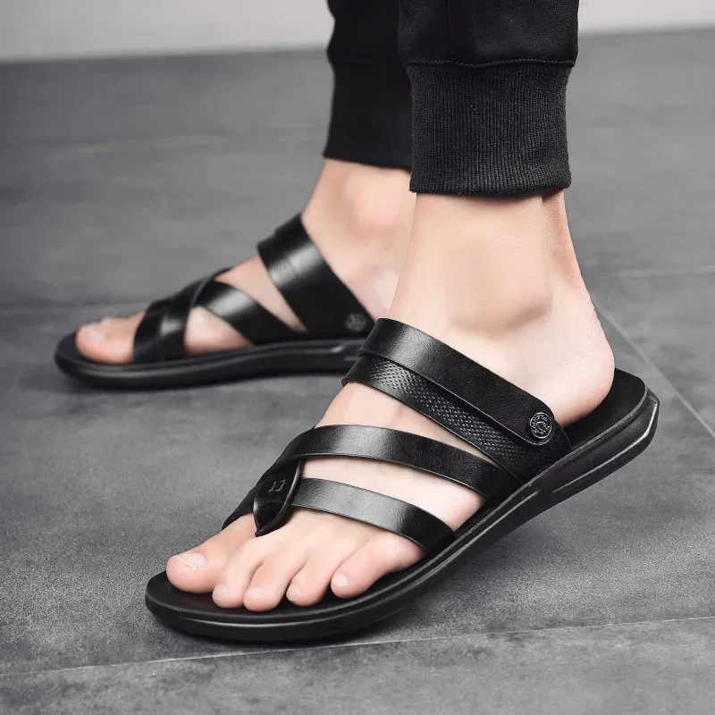 Outdoor Beach shoes men Flip Flops fashion breathable Summer Light genuine leather Casual Shoes Slides Black Sandal men