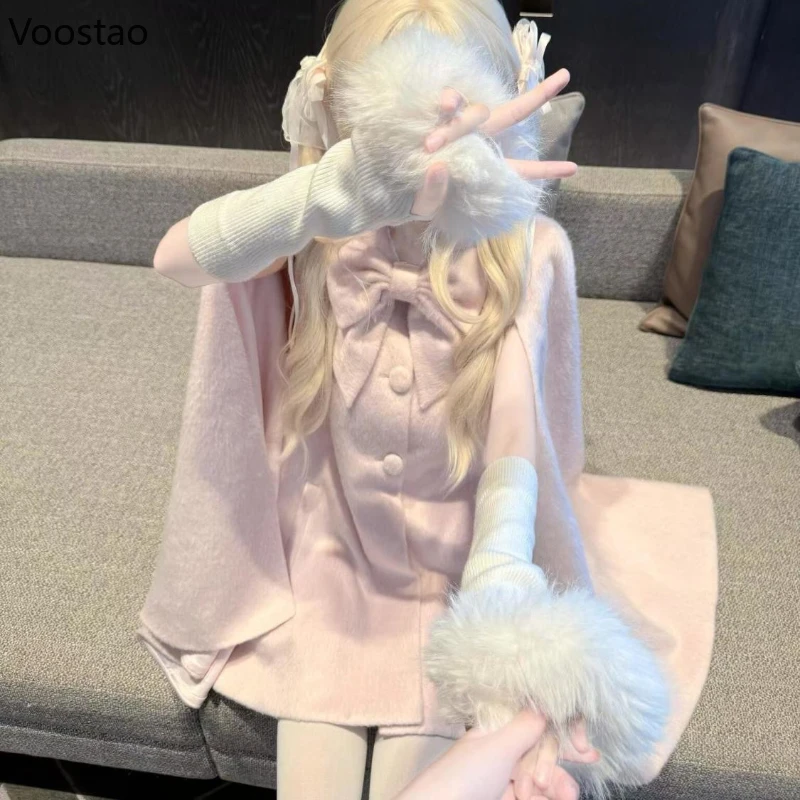 

Pink Japanese Sweet Lolita Style Woolen Cloak Coat Women Kawaii Loose Bow Jacket Autumn Winter Coat Korean Princess Warm Ponchos
