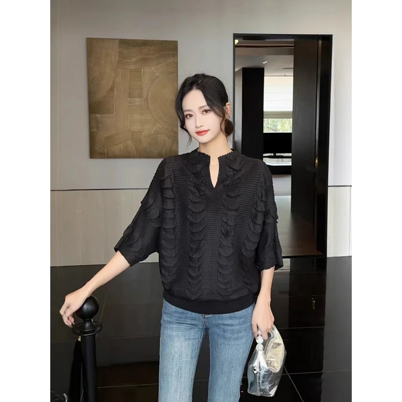 

Miyke wrinkle fashion casual handmade lotus leaf pleated T-shirt women's new loose and slimming hoodie top [20250019]