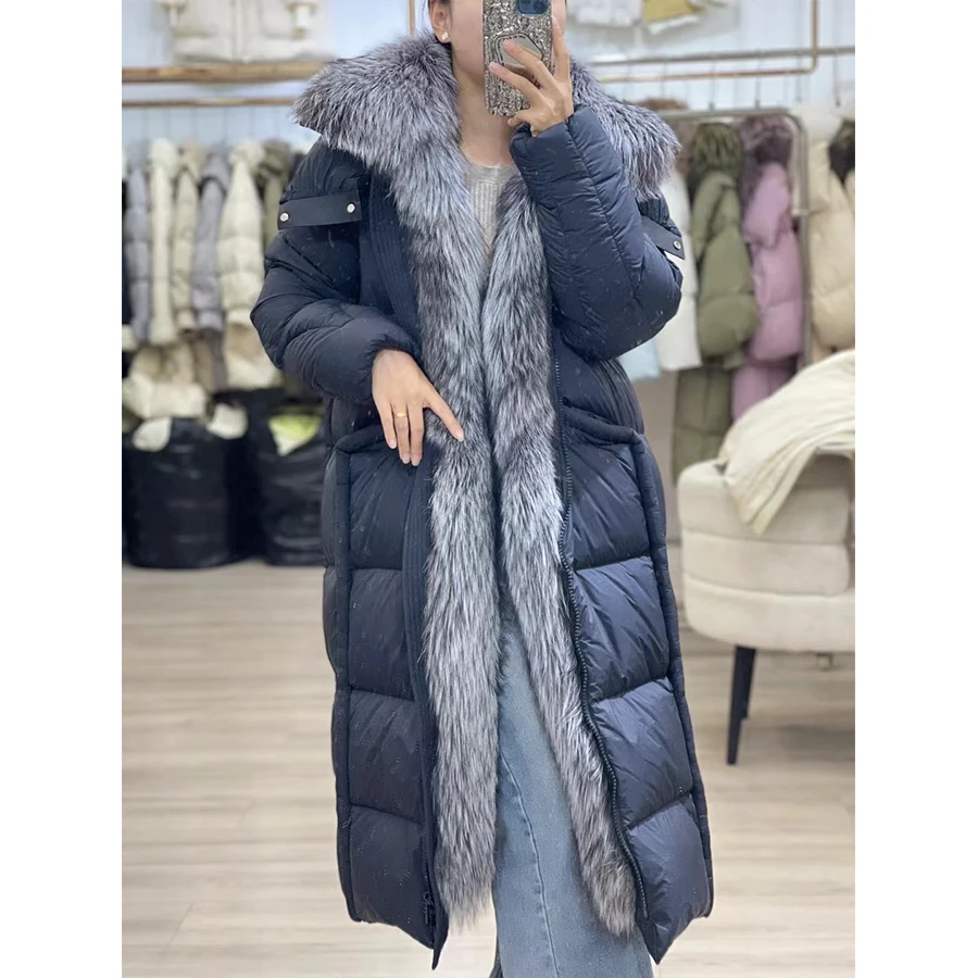 Doudoune à capuche en fourrure véritable pour femme, manteau long en duvet d'oie, fourrure de renard naturelle, chaud, hiver, 2024