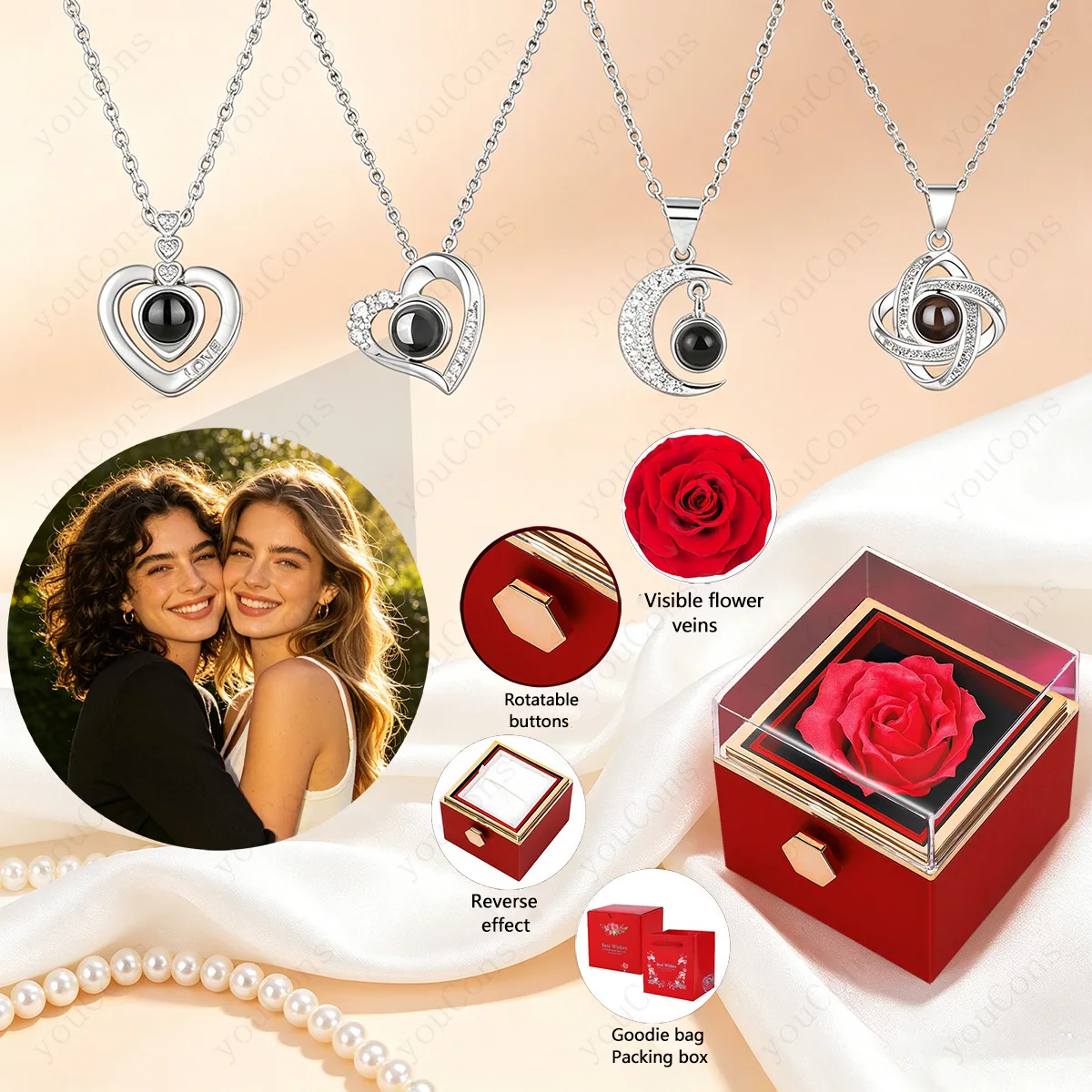 

Custom Color Photo Projection Necklace With Rotating Rose Gift Box Stainless Steel Chain Valentine's Day Mother's Day Birthday