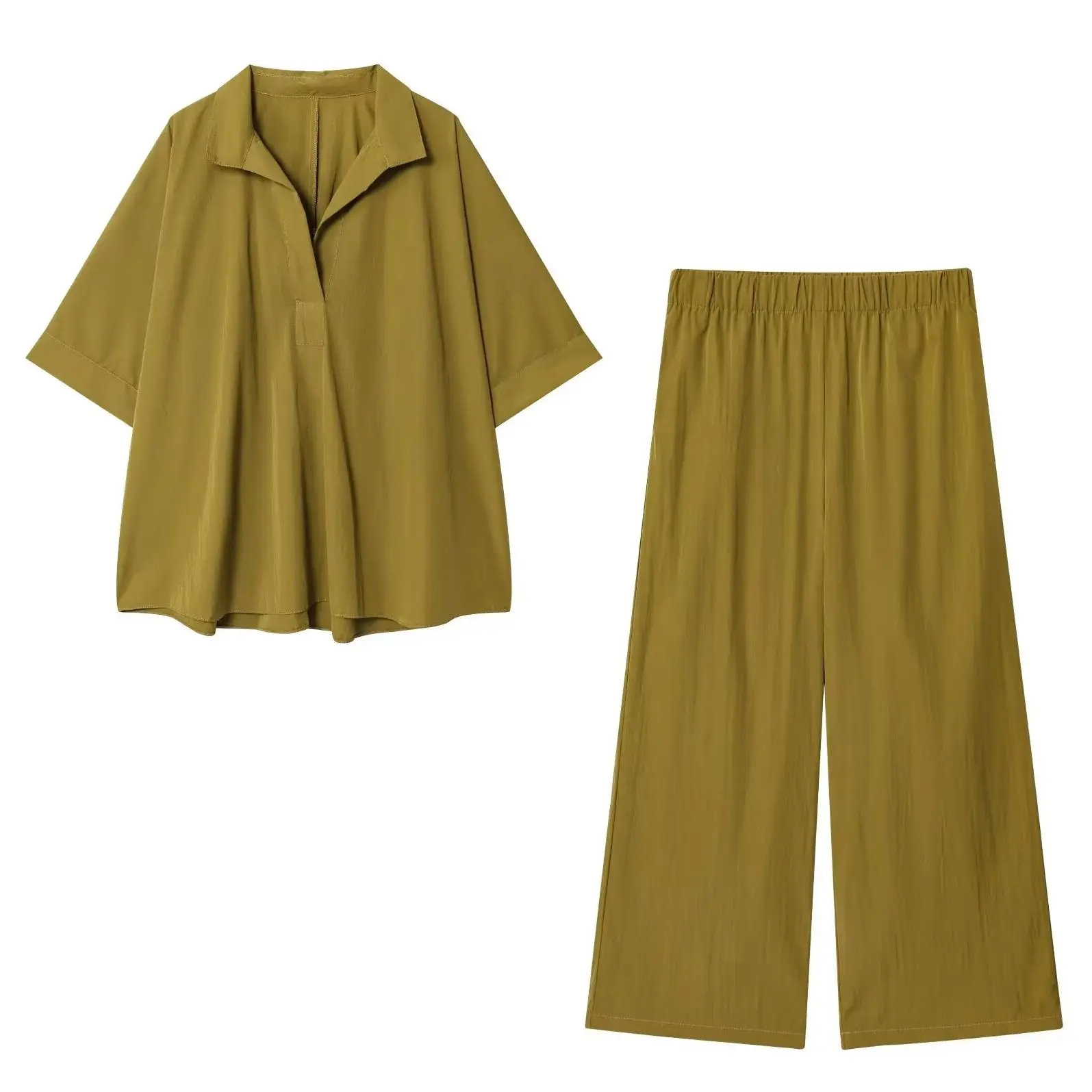 

KONDALA 2025 Chic Solid Women Casual Suit Buttons Loose POLO Shirt+Elastic Waist Pockets Long Pants Elegant Fashion Female Set