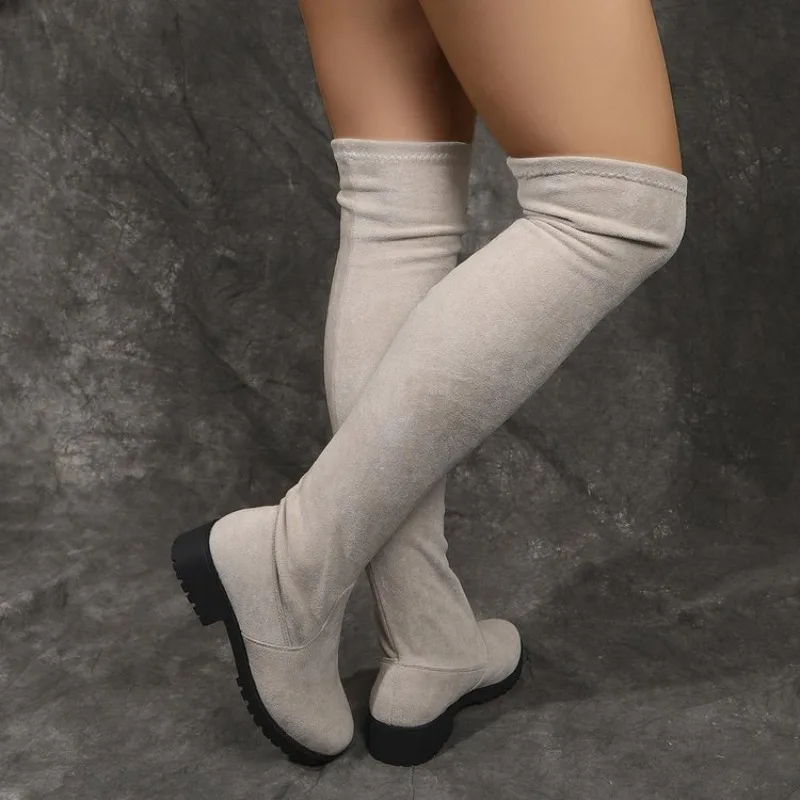 Women's Boots Over-The-Knee Round Toe Low Flat Heel Suede-Look Stretch Shaft with Textured Outsole for Daily Wear and Daily Walk