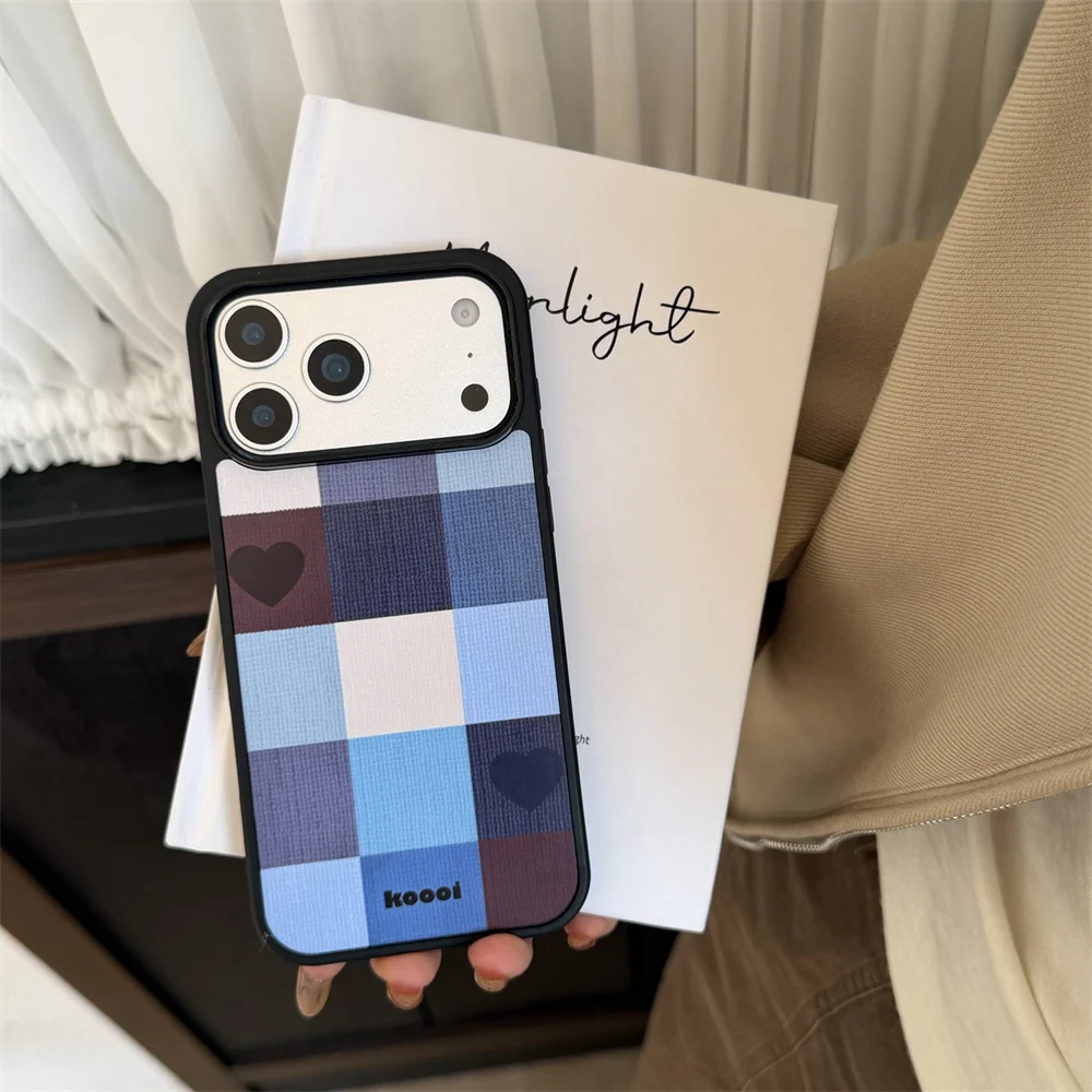 

Korean INS Denim Plaid Love Phone Protective Cover for iPhone 17 Pro 17 Air 13 14 15 16 Pro Max Fundas Shockproof Cases For 16