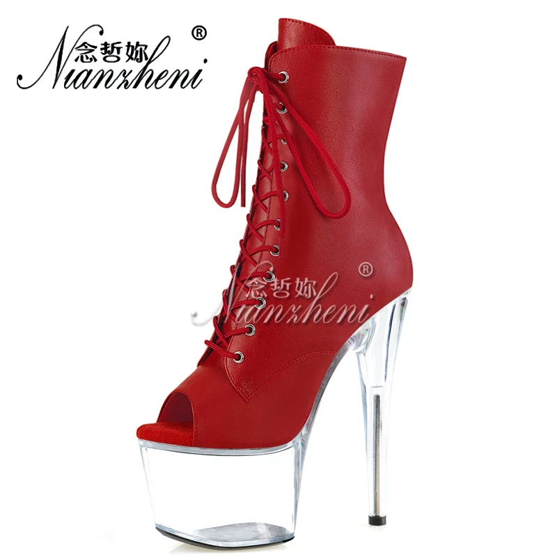 Nightclub Low Tube 6Inch Peep Toe Ankle Boot Strip Pole Dance Sexy Fetish 8Inch Catwalk Lace Up 20cm Big Size Women Gothic Shoes