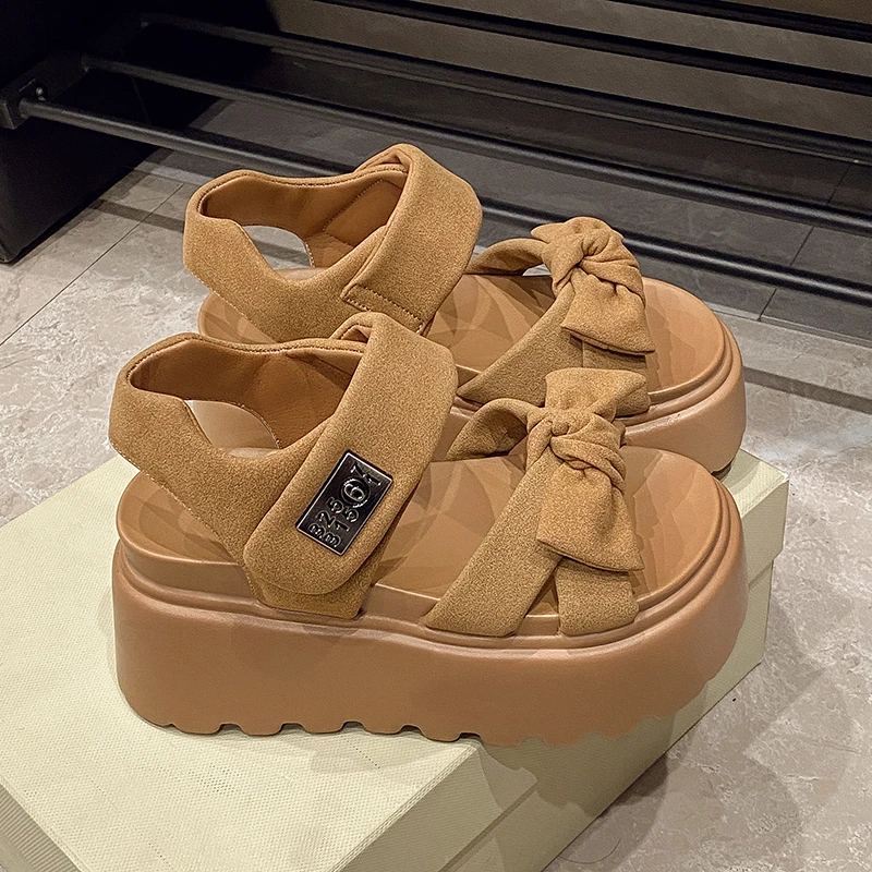 

Женские летние сандалии на платформе 8 см с бантом-бабочкой, с открытым носком, в стиле гладиаторов, пляжные туфли, лето 2026