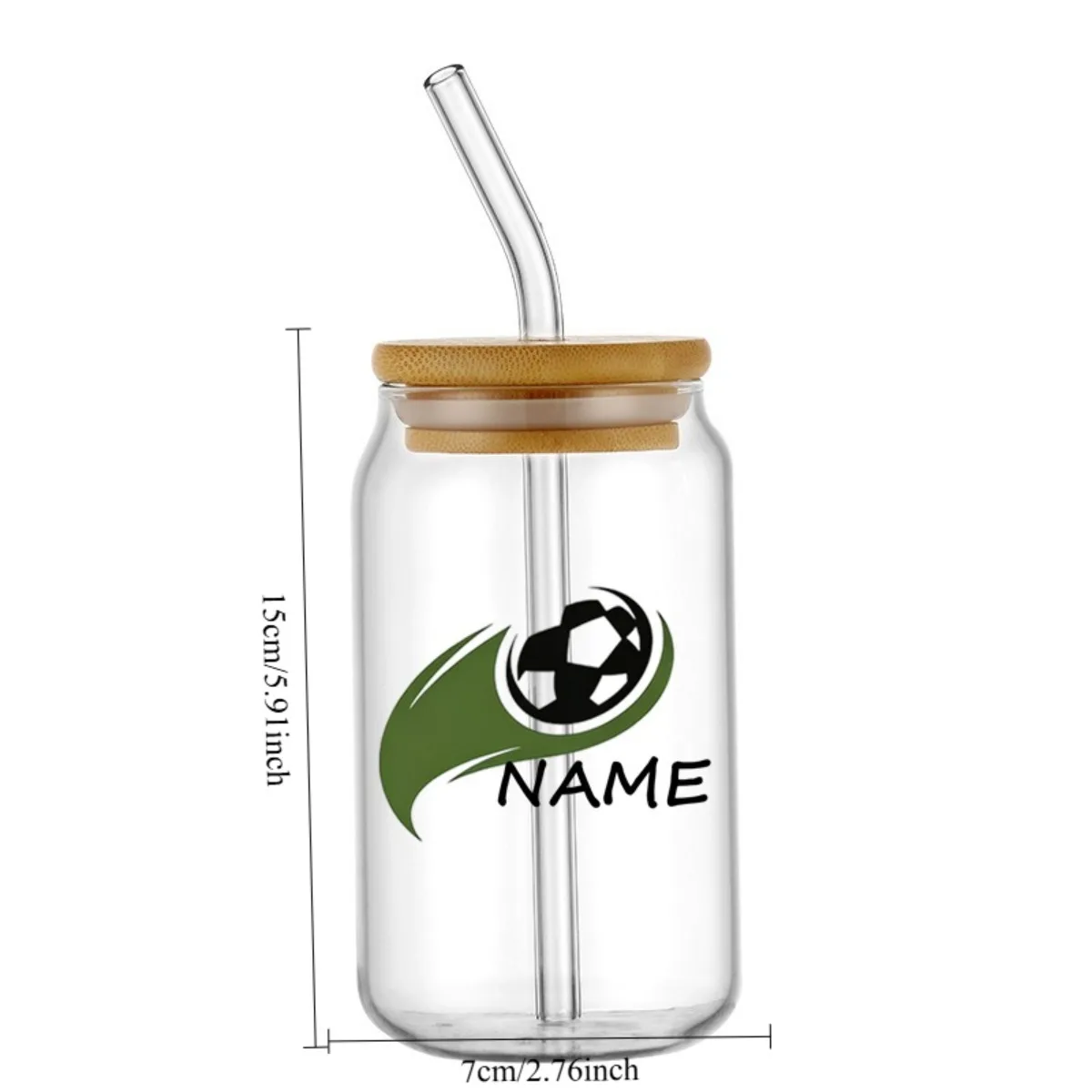 Custom Name Football Shield Crown Glass Iced Coffee Cup, Beer Can Shaped Glass with Bamboo Lid & Straw, Reusable Clear Glass Cup