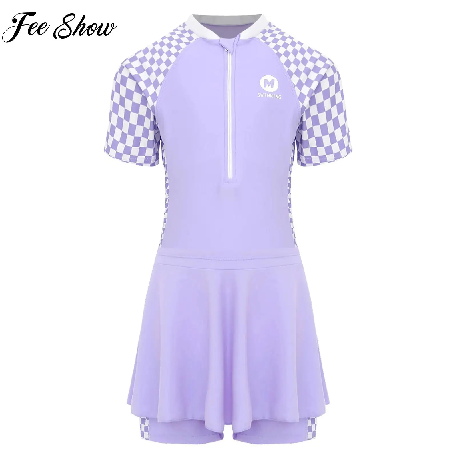 Girls Zipper Front One Piece Swimsuit 2Pcs Round Neck Short Sleeves Bodysuit Swimwear with Swim Skirt Set Rash Guard Jumpsuit