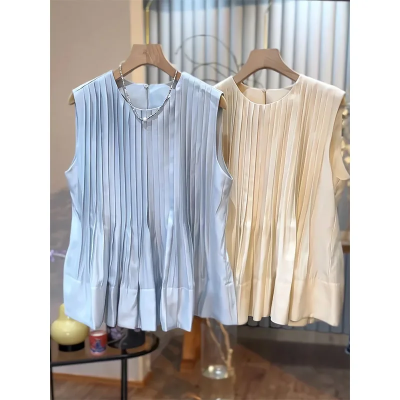 

Spring Summer Shirts&blouses Women Tops Sleeveless Korean Fashion Elegant Blusas Mujer Folds Sweet Vintage Camisas