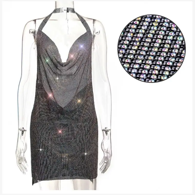 فستان مثير بحمالات وظهر مكشوف وتنورة معدنية لامعة للعروض المسرحية، زي نادي ليلي فضي، أزياء نسائية لربيع 2023