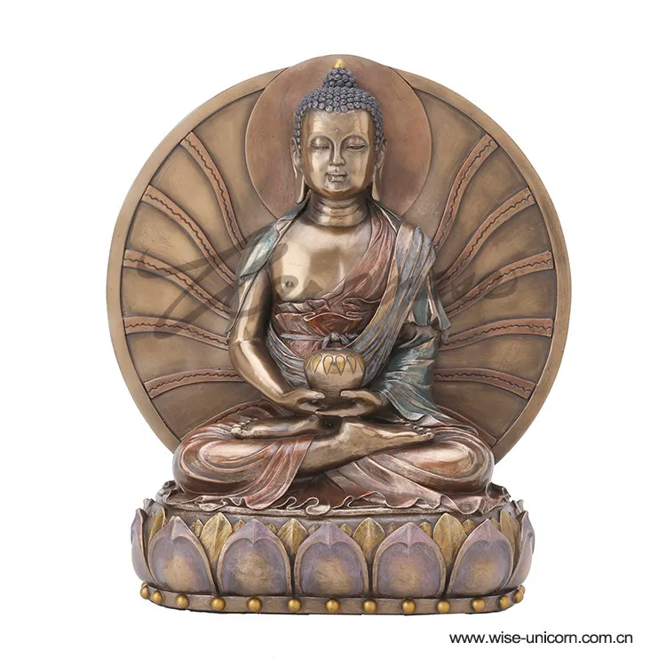 Amitabha Buddha Resin Statue Tibetan Buddhism Figurine Holding Alms Bowl Radiant Round Halo Lotus Seat Religious Sculpture