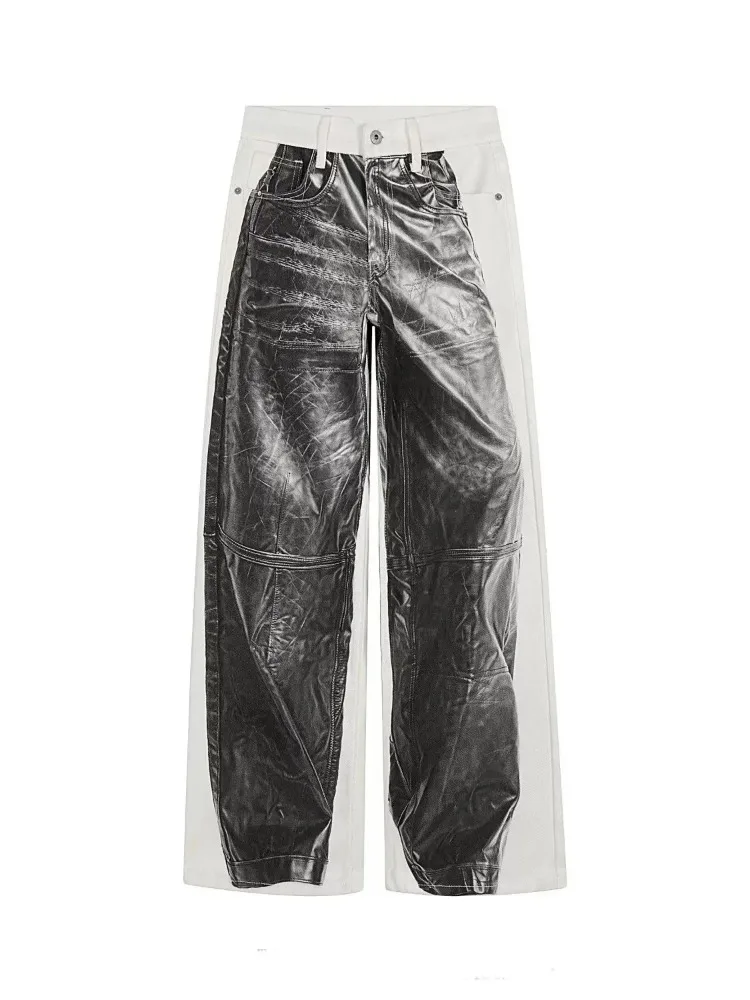 Women's Jeans Print Pattern Vintage Sweatpants 90s Cool Girl Bottoms Summer White Pants Female Baggy High Waist Trousers