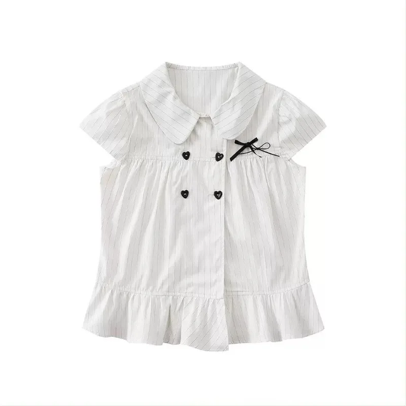 Kimotimo Preppy Style Bow Striped Button Shirts Women Summer Sweet Short Sleeve Ruffle Blouse Japanese Y2k Aesthetic Cute Tops