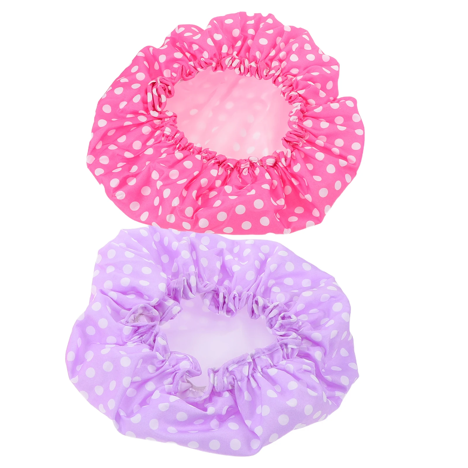 

2pcs Waterproof Bath Cap Double Layer Reusable Shower Hat Elastic Dots Print Hair Protection For Women - Long Short Hair Use