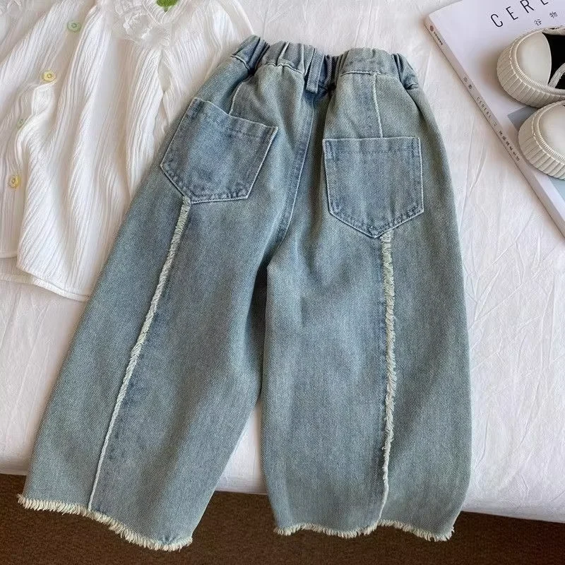 Girls Straight Leg Jeans Fashionable Frayed Hem Spring Autumn 2026 New Style Children's Wide Leg Pants