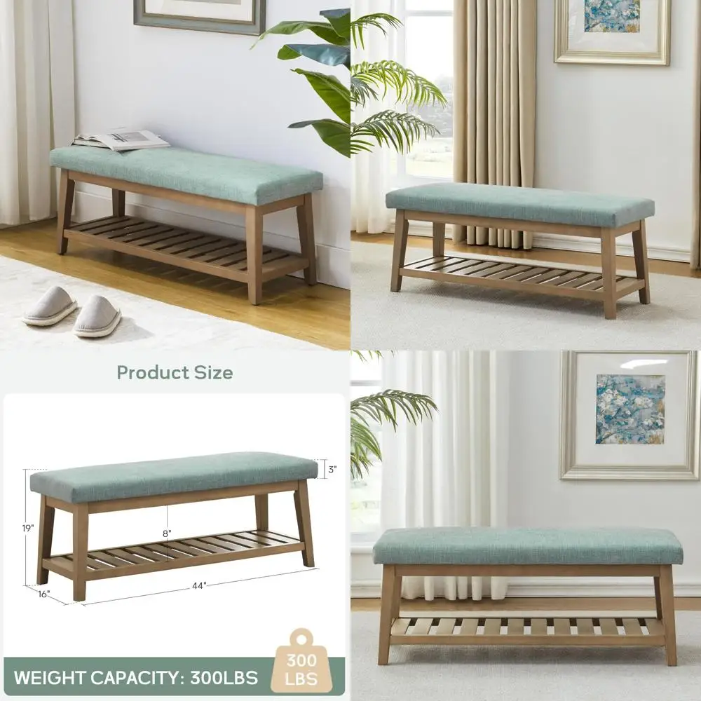 مقعد عثماني من القماش المنجد مع وسادة للمدخل والمطبخ وغرفة النوم - حل تخزين الرف الخشبي الصلب