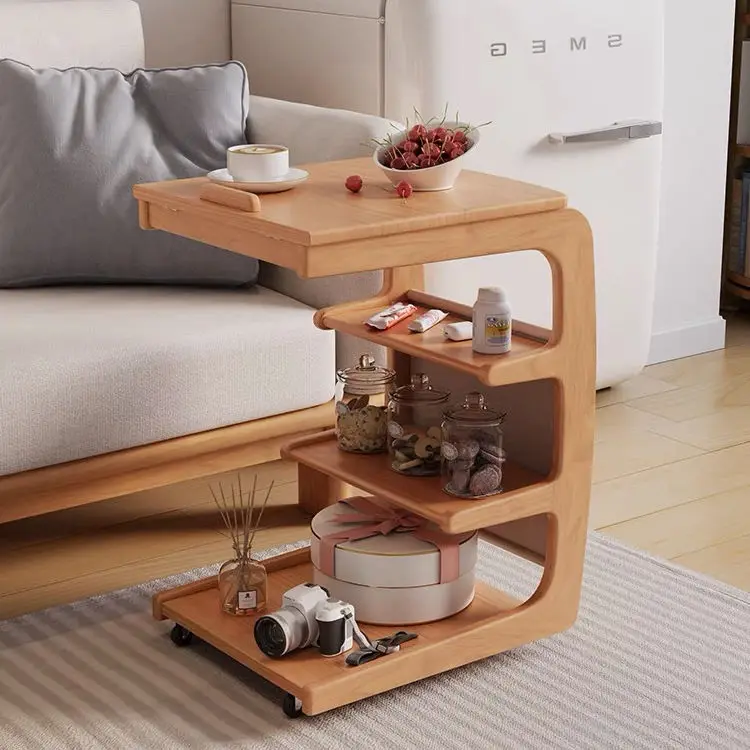 Household Solid Wood Sofa Bedroom Bay Window Side Table Movable Bedside Storage Rack with Pulleys, Coffee Table Small Table