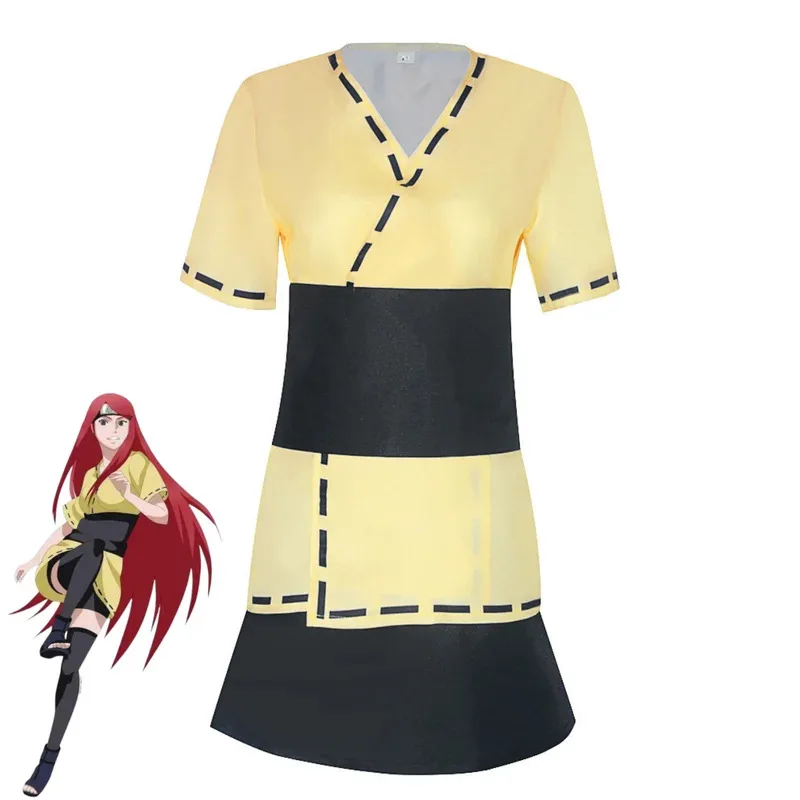 Disfraz de Anime Uzumaki Kushina, Tops amarillos de manga corta, uniforme para batalla, peluca roja, trajes sexys de Carnaval y Halloween para mujer; 3, k8't