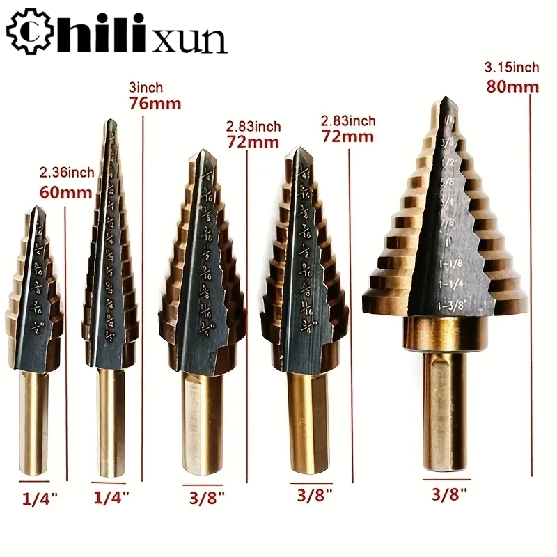 

Набор кобальтовых ступенчатых сверл HSS 4241, инструменты для сверления металлических отверстий, 5 шт. конусных сверл для металла, железа, алюминия, меди, стали и дерева