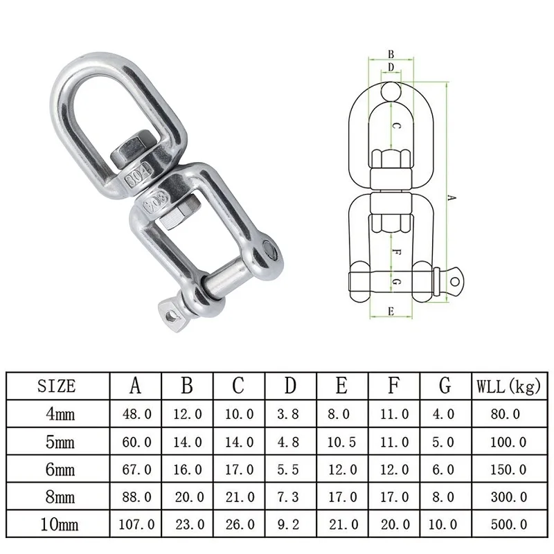 1PCS Jaw And Eye Anchor Swivel Stainless Steel 304  4mm 5mm 6mm 8mm Polished Marine Anchor Chain Swivels Stainless Steel