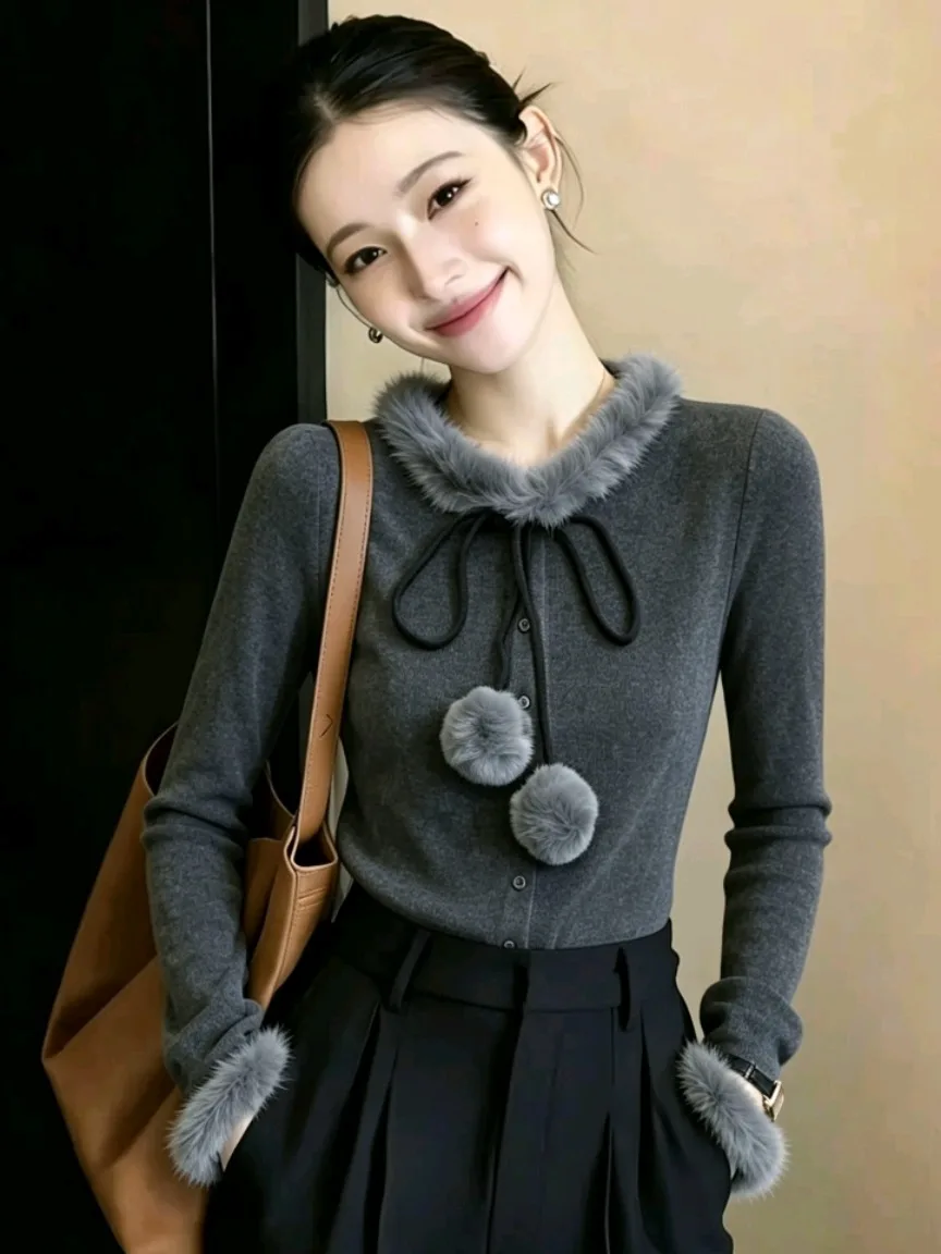 Women's Long Sleeve Knitted Sweater with Belt Fur Collar Slim Fit Autumn Winter Fashion Casual Style Ball  Knot Top