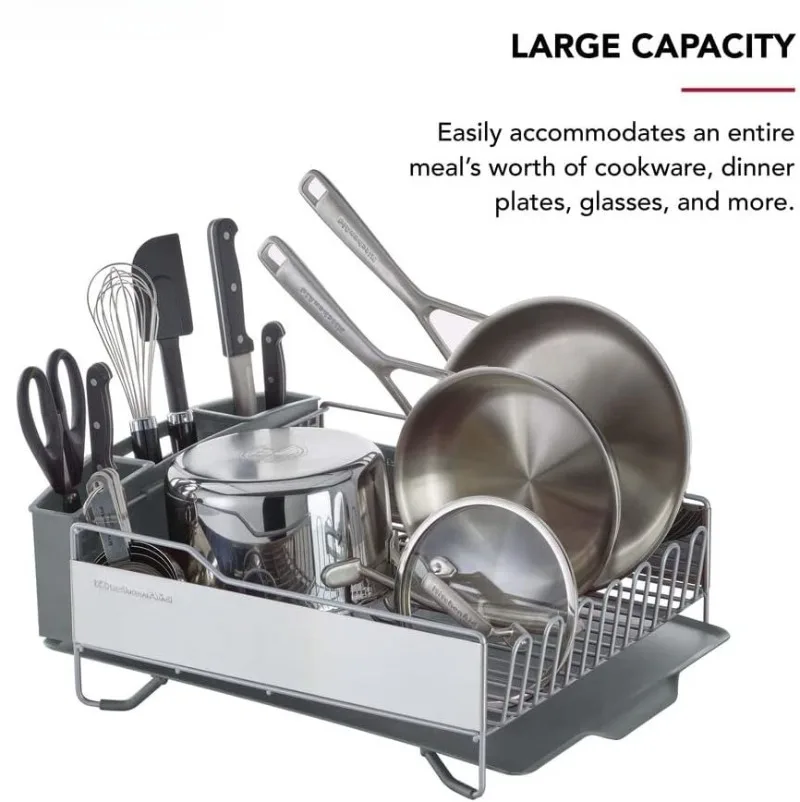 

Large Capacity Full Size Rust Resistant Dish Rack with Angled Drain Board and Removable Flatware Caddy, Light Grey