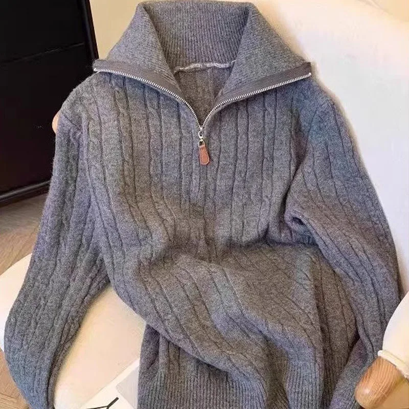 

Трикотаж, новый вязаный свитер с отложным воротником, женские пуловеры с длинным рукавом, белый вязаный свитер, пуловер, женские топы, свитера Q2550