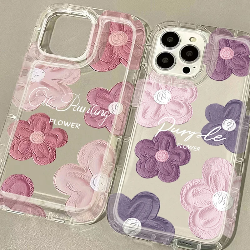 Oil Painting Flower Clear Case For iPhone 16 15 14 13 12 11 Pro Max XS X XR 8 7 Plus SE 2020 Shockproof Silicone Protector Cover